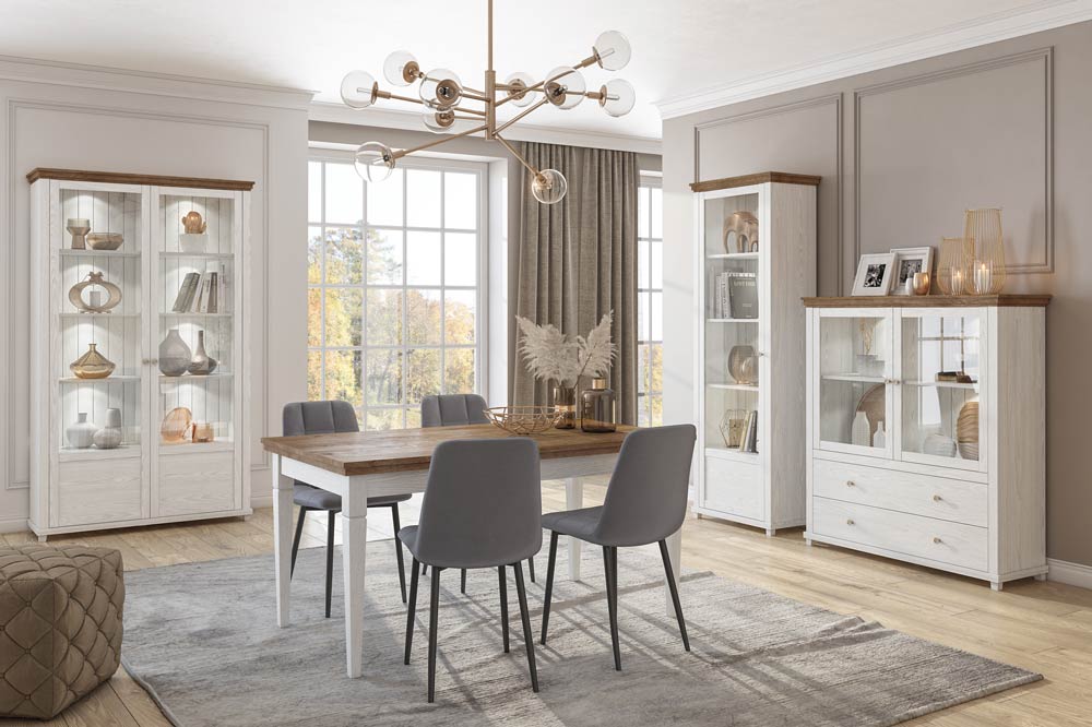 Elegante vetrina bassa, finitura bianco frassinato e rovere