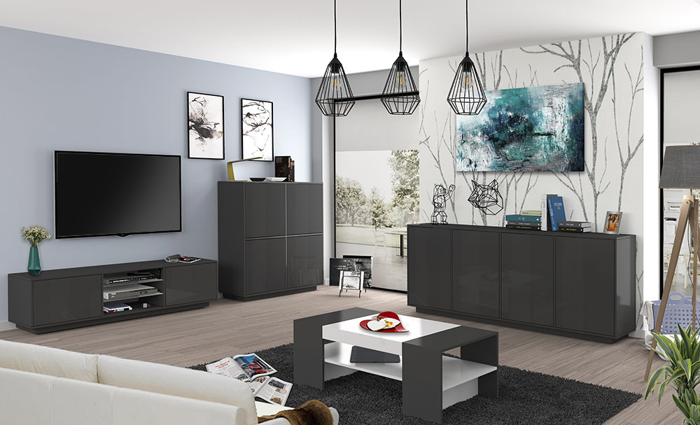 Zona giorno composta da madia alta, porta TV e madia 4 ante antracite laccata lucida 