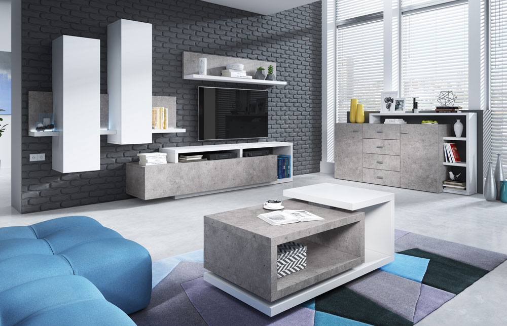 Porta TV moderno, finitura bianco opaco e grigio cemento