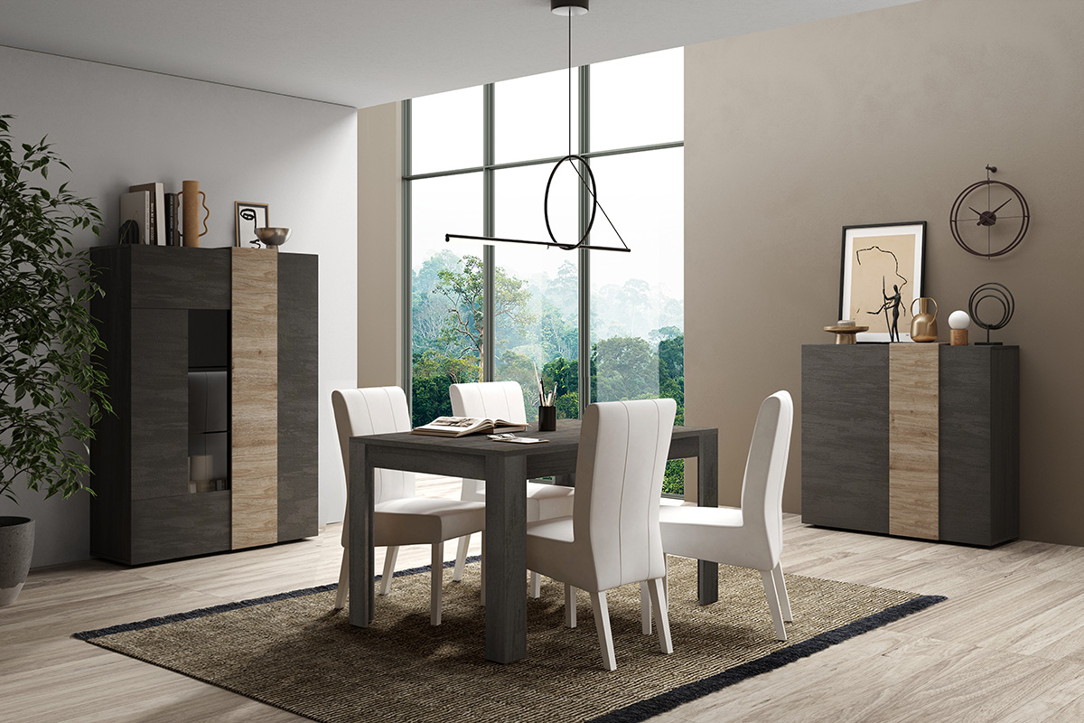 Soggiorno moderno, 1 madia,1 vetrina e 1 tavolo, Kadiz e Titanio Zenzero Shop