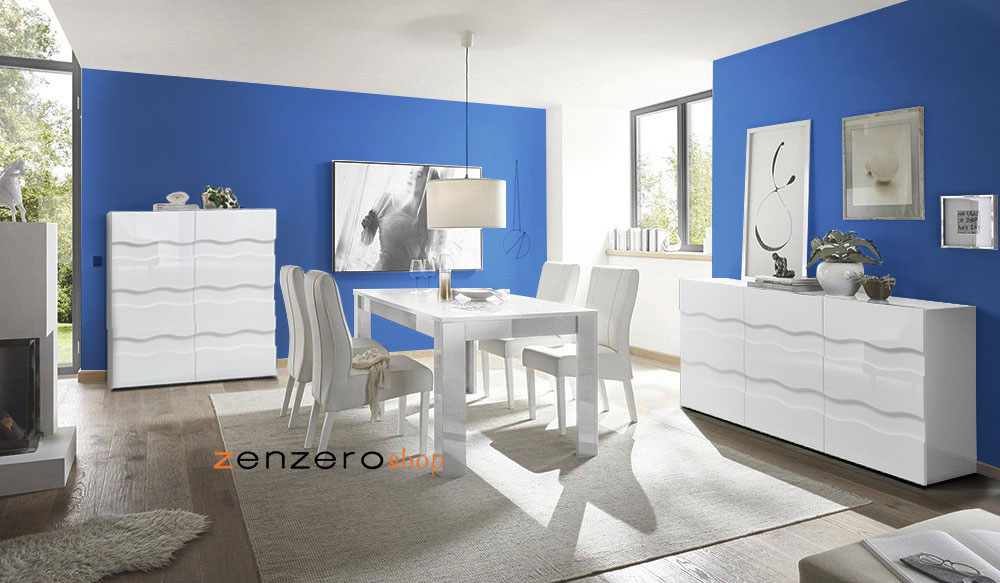 Soggiorno moderno completo di 2 Madie Onda e Tavolo bianco laccato lucido