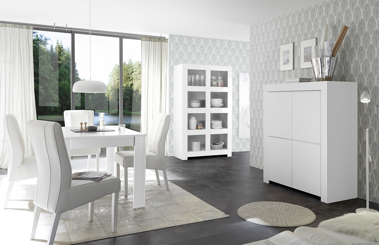 Sala di design composta da Madia alta, Libreria e Tavolo, finitura bianco opaco