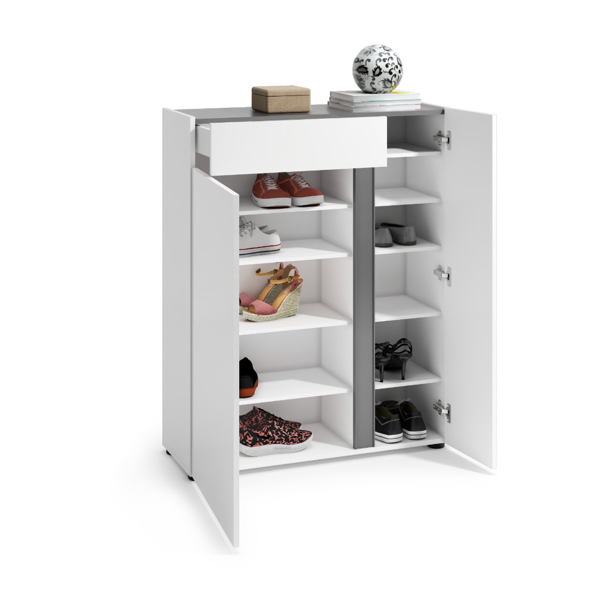 Scarpiera moderna bianca lucida, 2 ante 1 cassetto, prof. 34 cm.