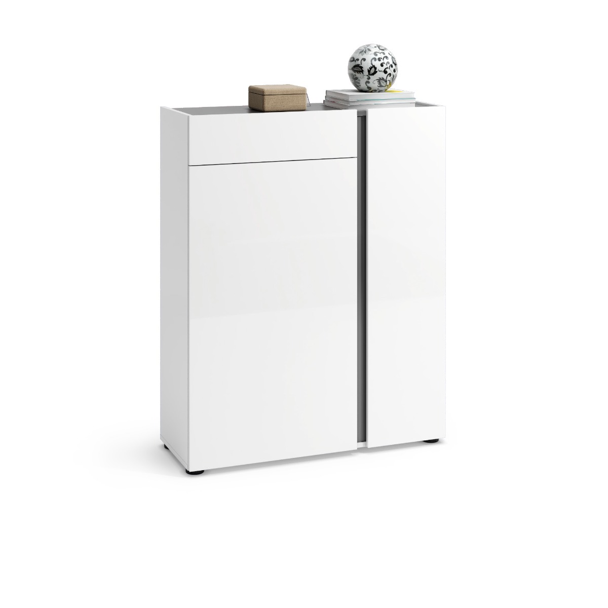 Scarpiera moderna bianca lucida, 2 ante 1 cassetto, prof. 34 cm.