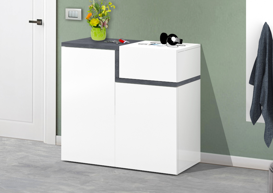 Moderna Scarpiera 2 ante, 1 anta ribalta bianco lucido ardesia, made in Italy