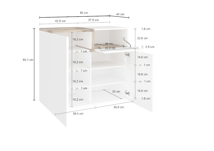 Scarpiera 2 ante, 1 anta ribalta bianco lucido e pero, made in Italy
