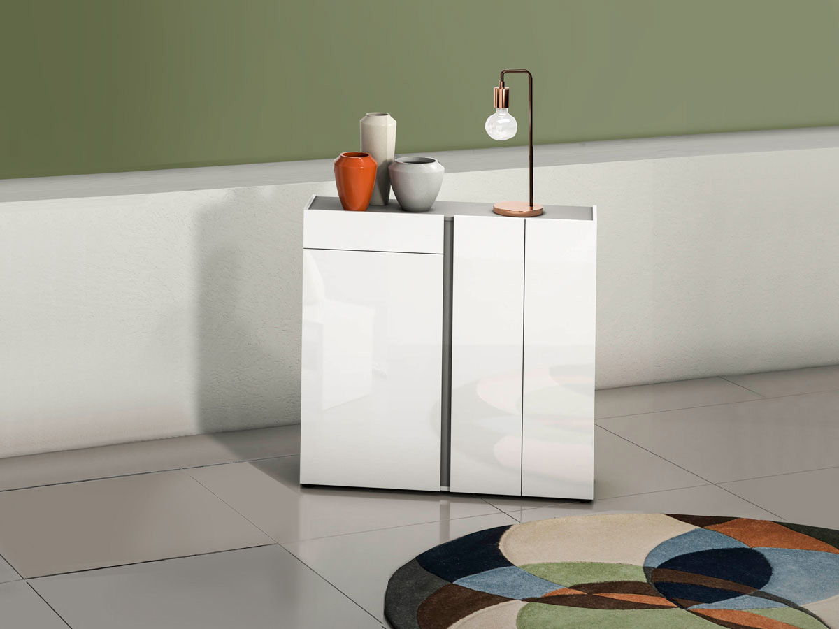 Scarpiera moderna bianca lucida, 3 ante 1 cassetto, prof. 34 cm.