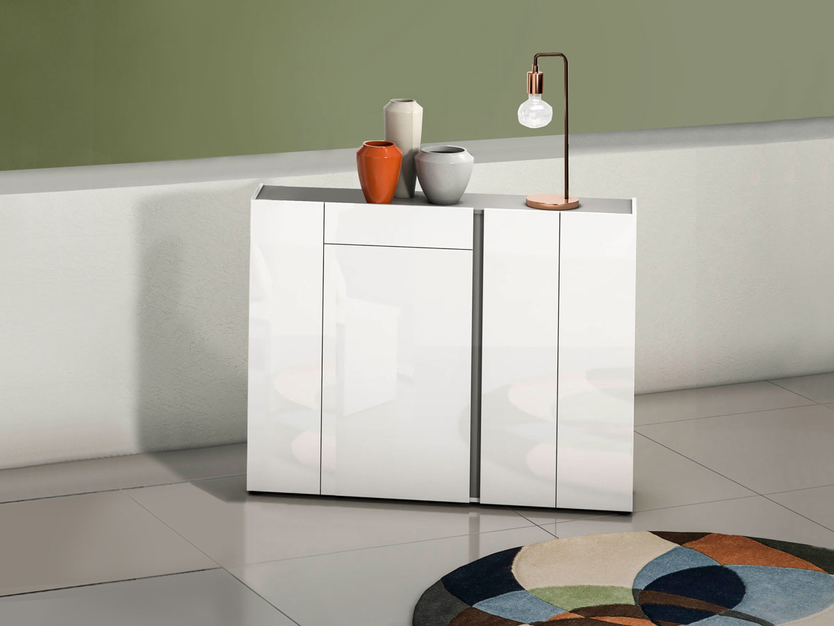 Scarpiera moderna bianca lucida, 4 ante 1 cassetto, prof. 34 cm.