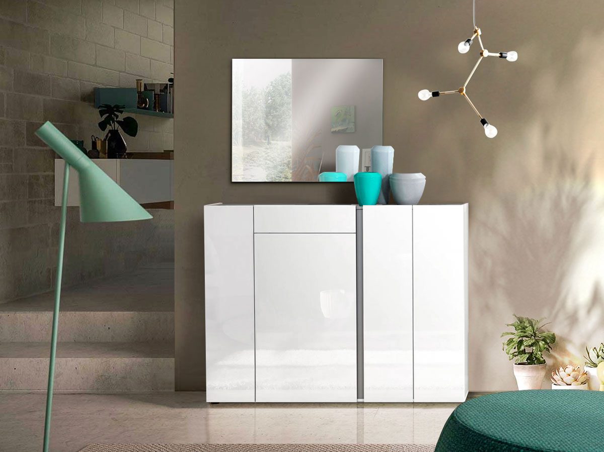 Scarpiera moderna bianca lucida, 4 ante 1 cassetto, prof. 34 cm.