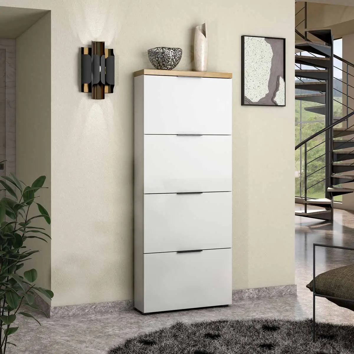 Scarpiera 4 ribalte, Bianco lucido e Rovere