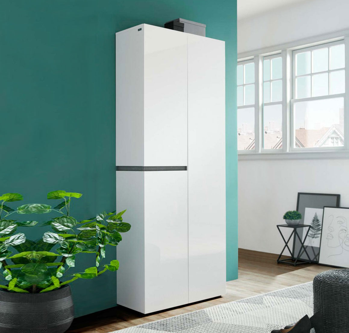 Scarpiera alta a 3 ante, finitura Bianco laccato lucido