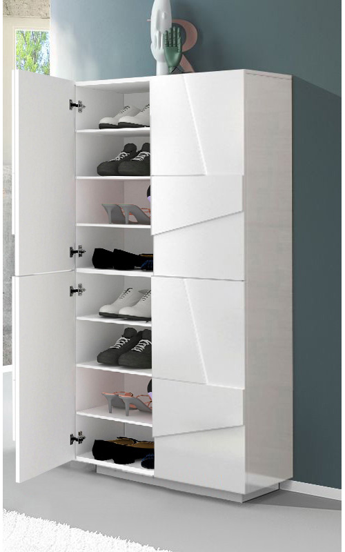 Scarpiera a 4 ante con disegni geometrici in finitura Bianco lucido