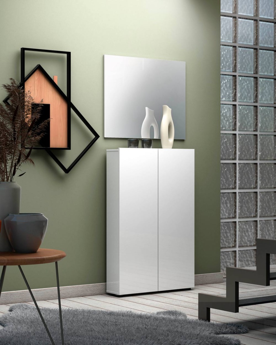 Scarpiera / madia salvaspazio 2 ante, finitura Bianca Lucida 