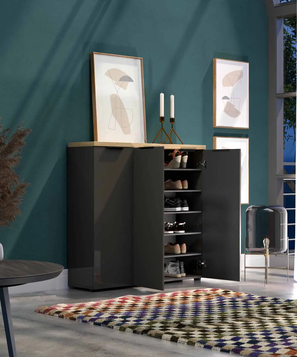 Scarpiera  Antracite lucido con piano Rovere miele