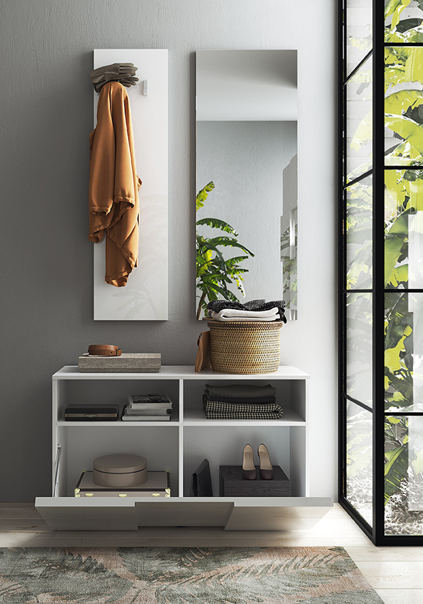 Ingresso con panca, pannello appendiabiti e specchio, finitura Bianco lucido