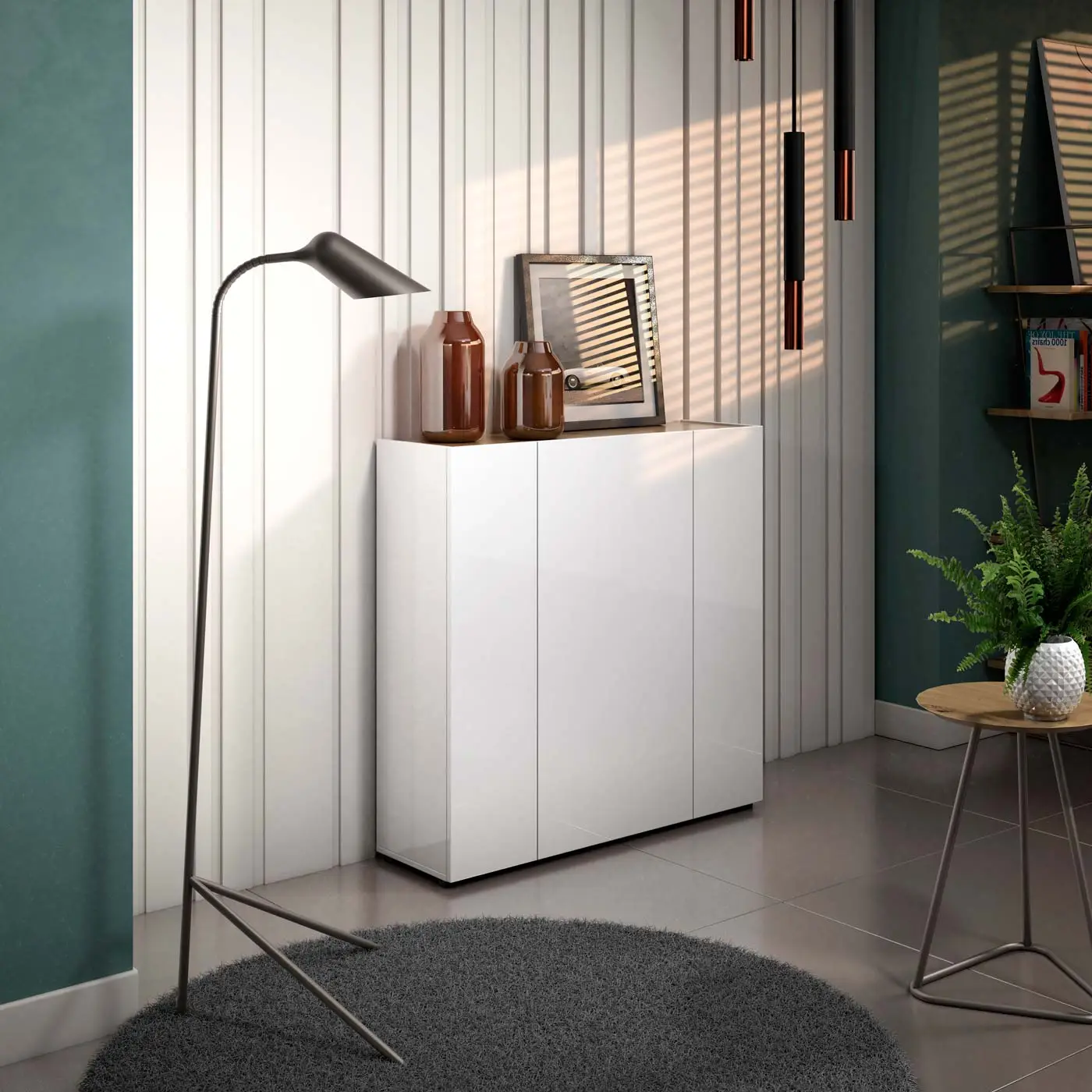 Madia moderna 3 ante, Bianco lucido con top Rovere in offerta 