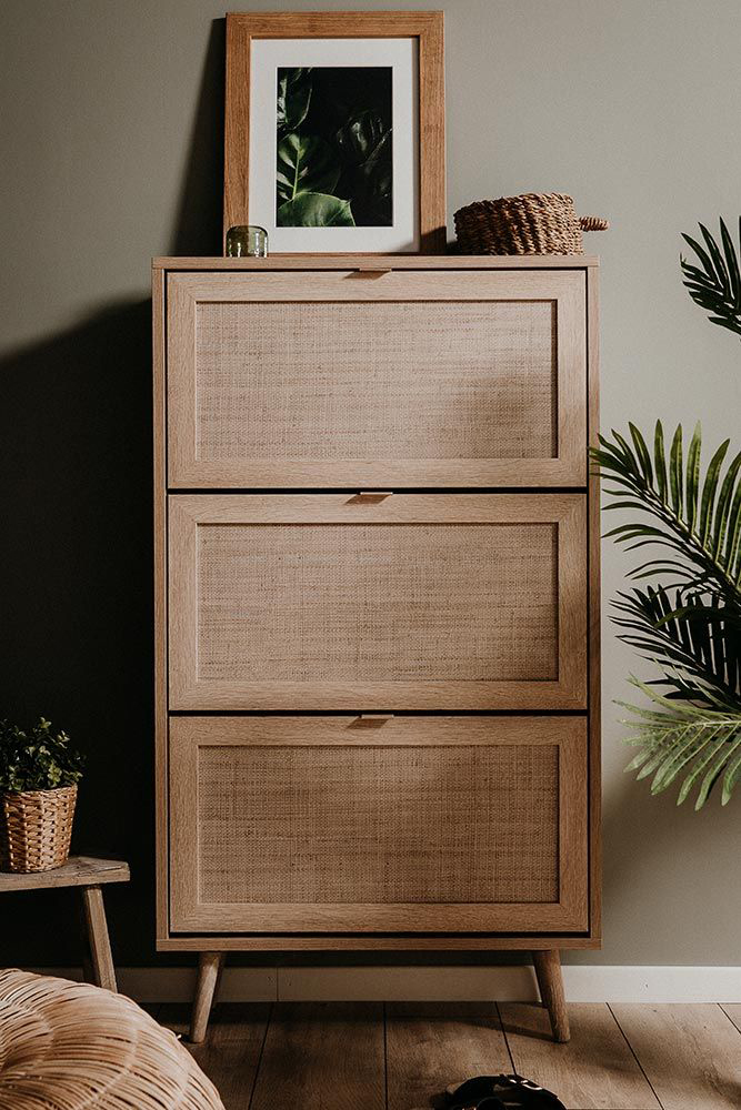 Scarpiera Kara con 3 cassetti in finitura Quercia e Rafia