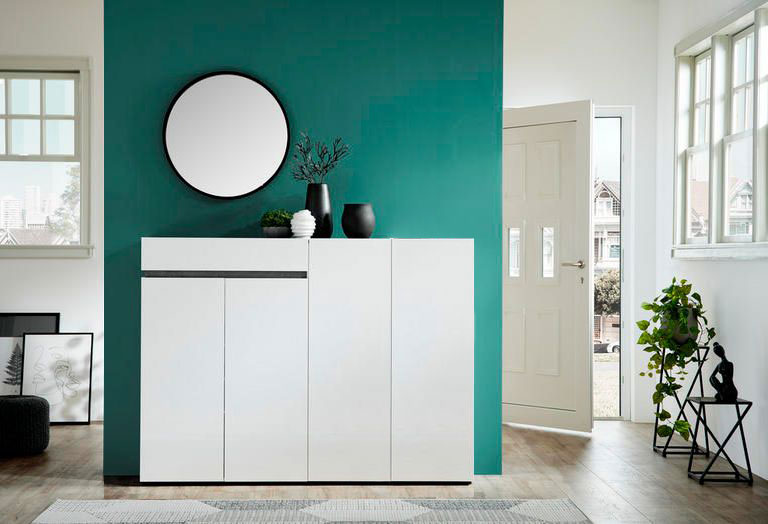 Promozione scarpiera 4 ante e 1 cassetto, Bianco laccato lucido