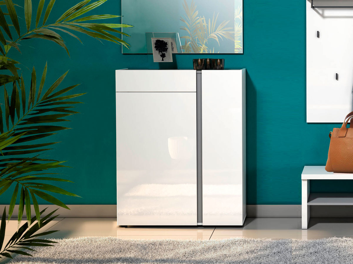 Scarpiera moderna bianca lucida, 2 ante 1 cassetto, prof. 34 cm.