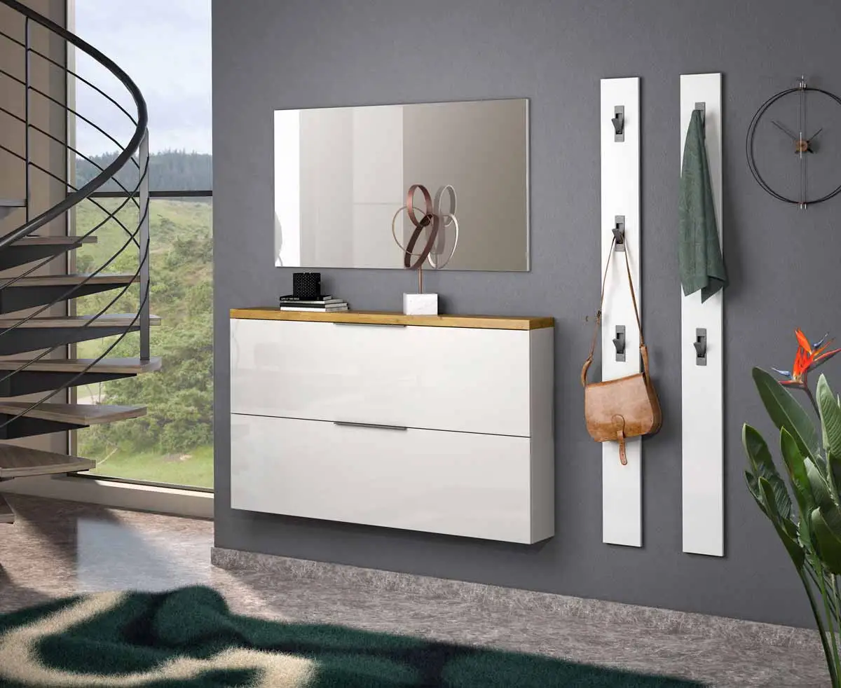 Scarpiera 2 ribalte, Bianco lucido e Rovere chiaro Made in Italy Zenzero Shop