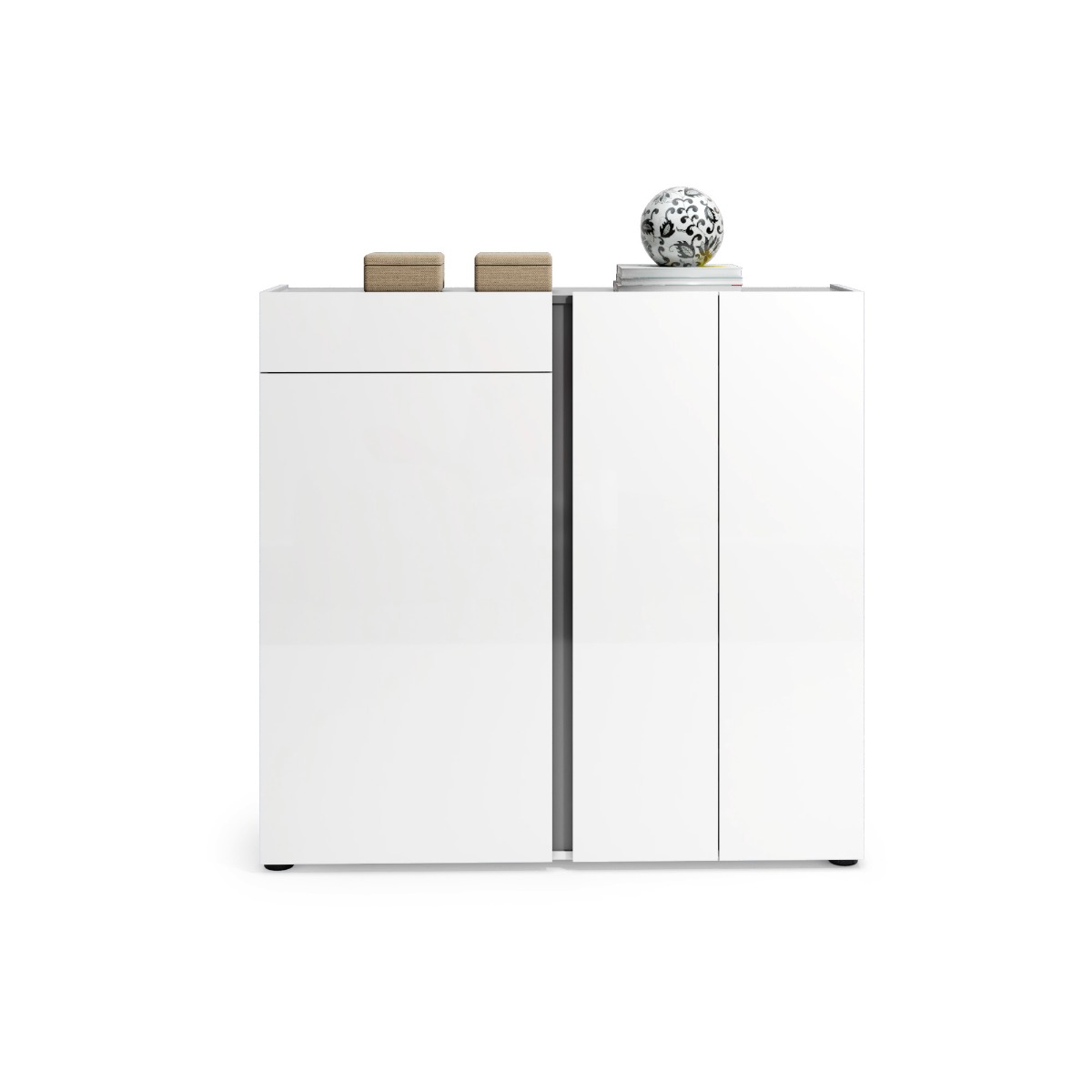 Scarpiera moderna bianca lucida, 3 ante 1 cassetto, prof. 34 cm.