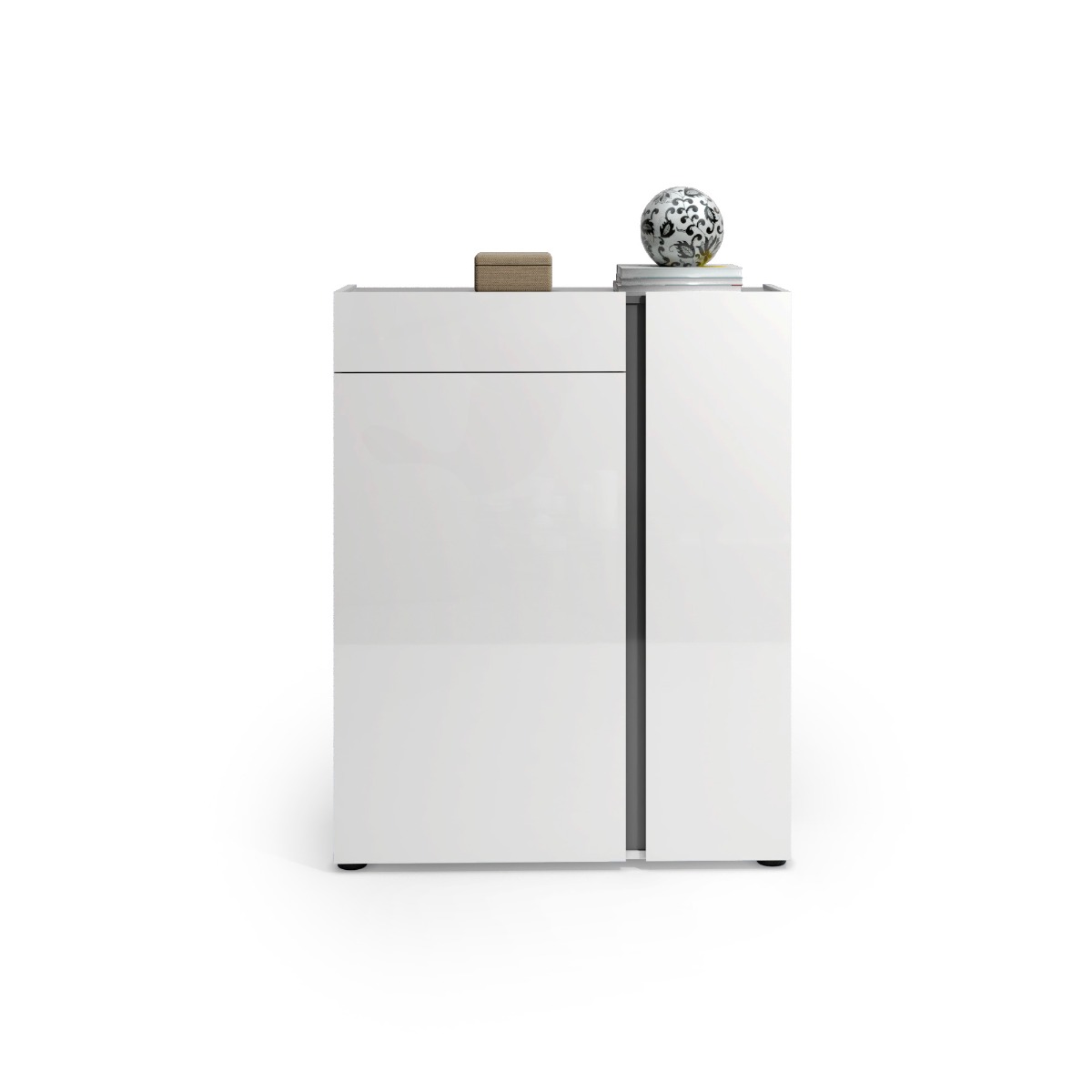 Scarpiera moderna bianca lucida, 2 ante 1 cassetto, prof. 34 cm.