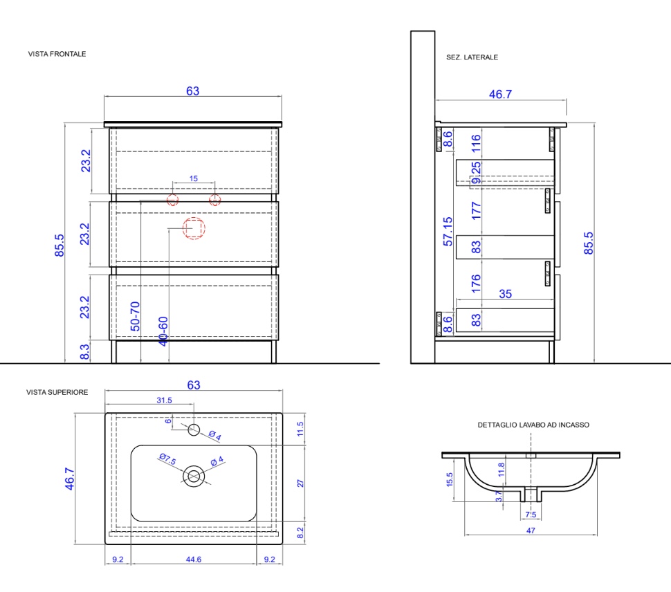 Mobile da bagno a terra con 3 cassetti, L.63 cm