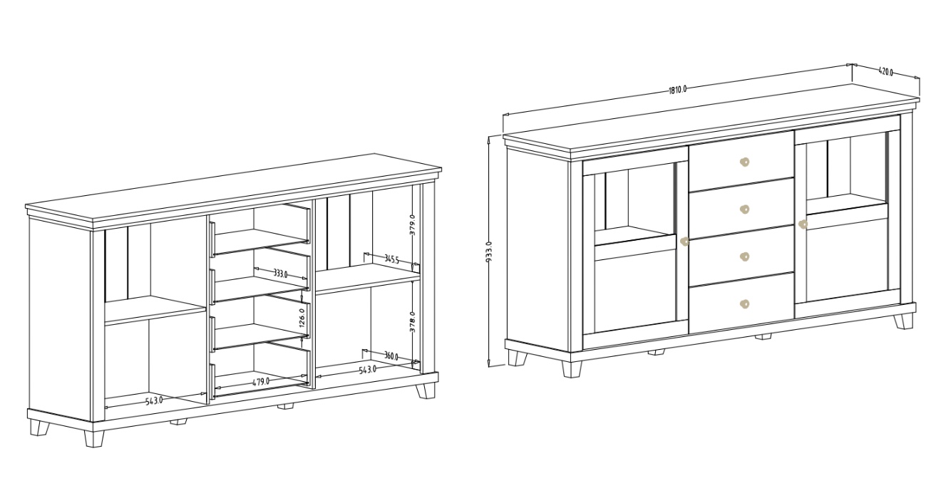 Credenza 2 ante e 4 cassetti, finitura verde scuro e quercia