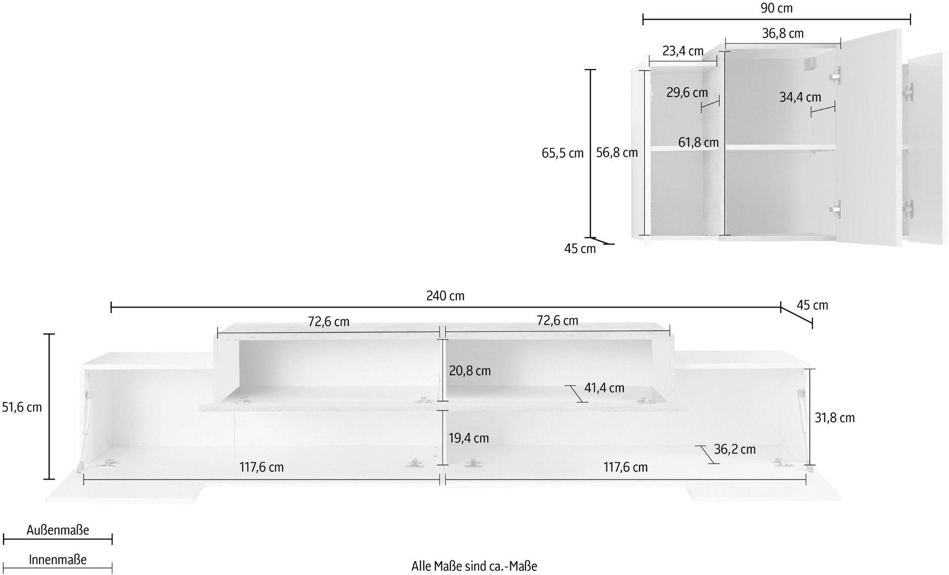 Mobile Porta TV moderno L.240 cm con pensile sospeso in finitura Bianco