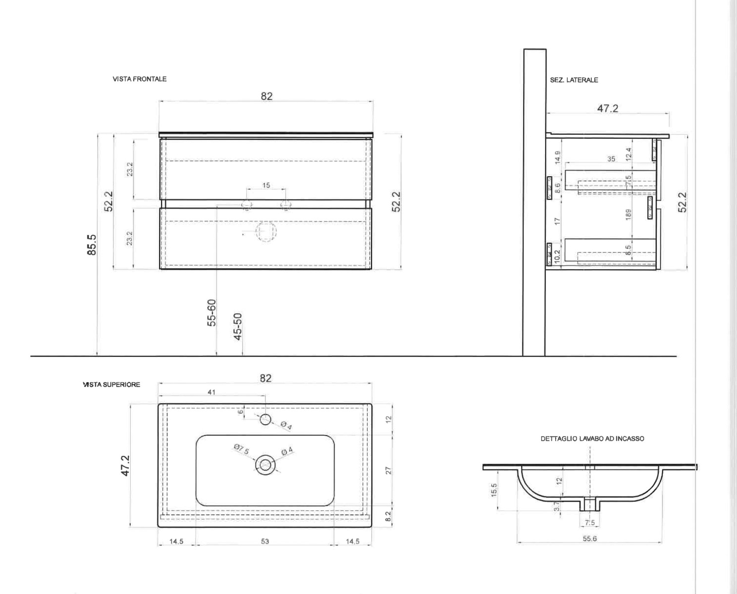 Mobile bagno sospeso, 2 cassetti, L.82 cm