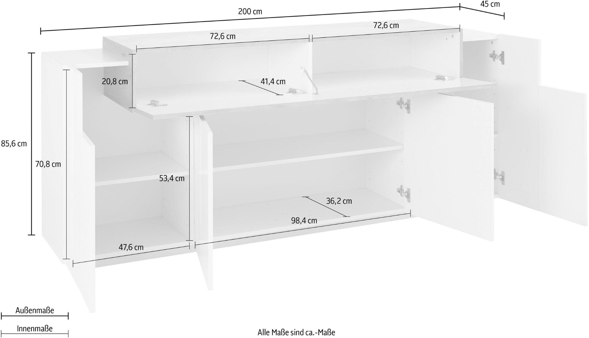Madia moderna scontata a 4 ante e una ribalta, colore Bianco 