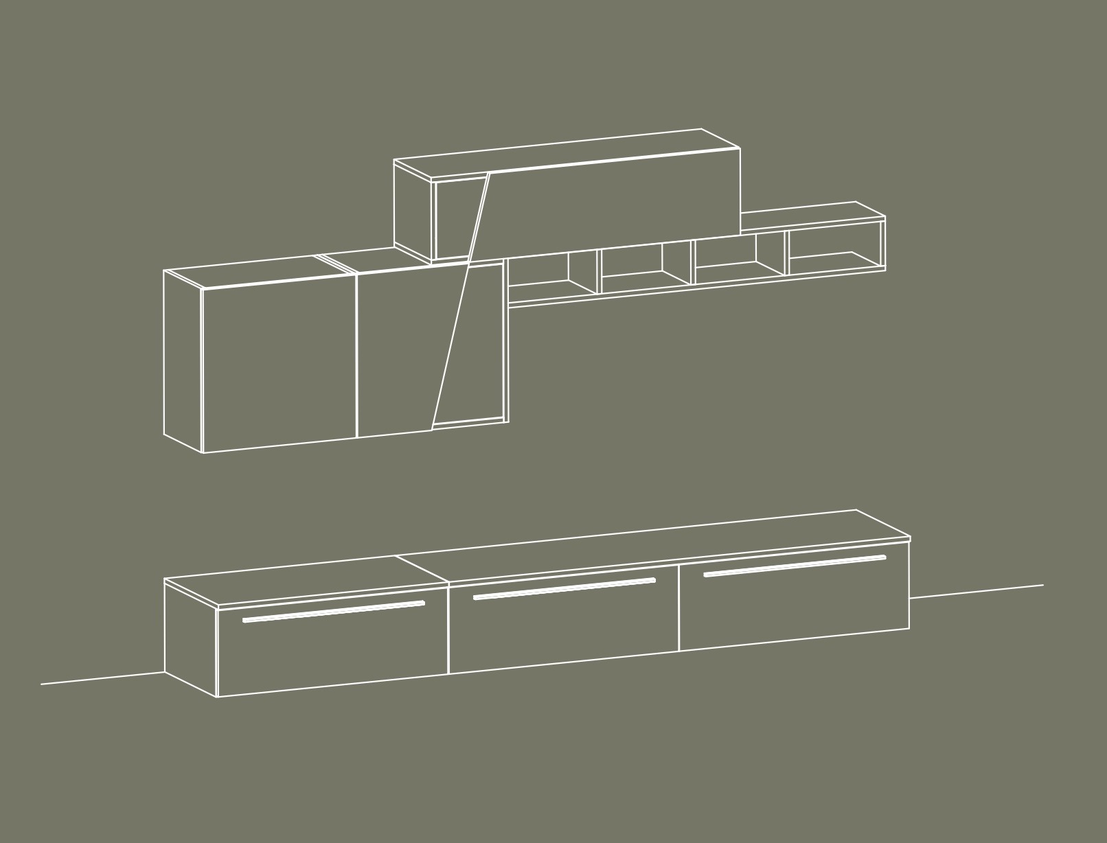 Parete attrezzata Bianco frassino con frontali e elementi sospesi in finitura Cemento e libreria orizzontale color Fango