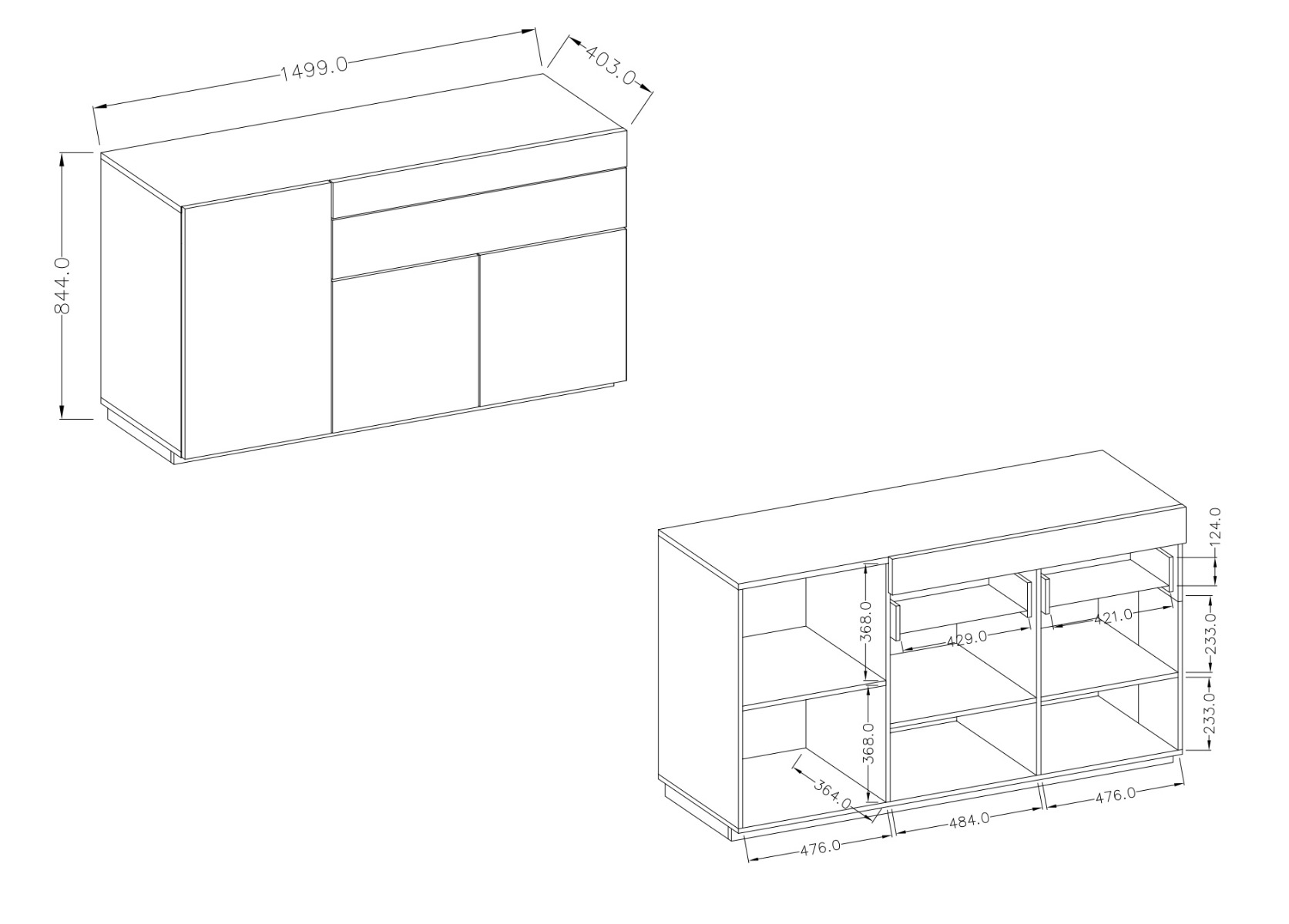 Credenza moderna 3 ante e 1 cassetto, bianco lucido e rovere naturale