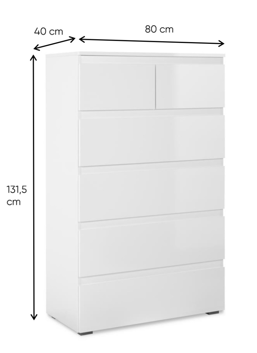Spazioso settimino 6 cassetti, finitura Bianco Lucido 