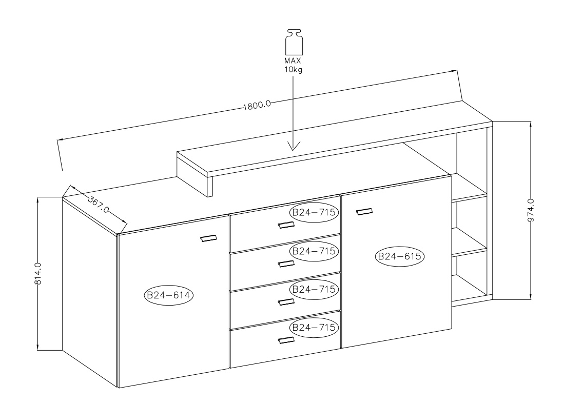 Credenza L.180 cm 2 ante e 4 cassetti, finitura bianco opaco e grigio cemento 