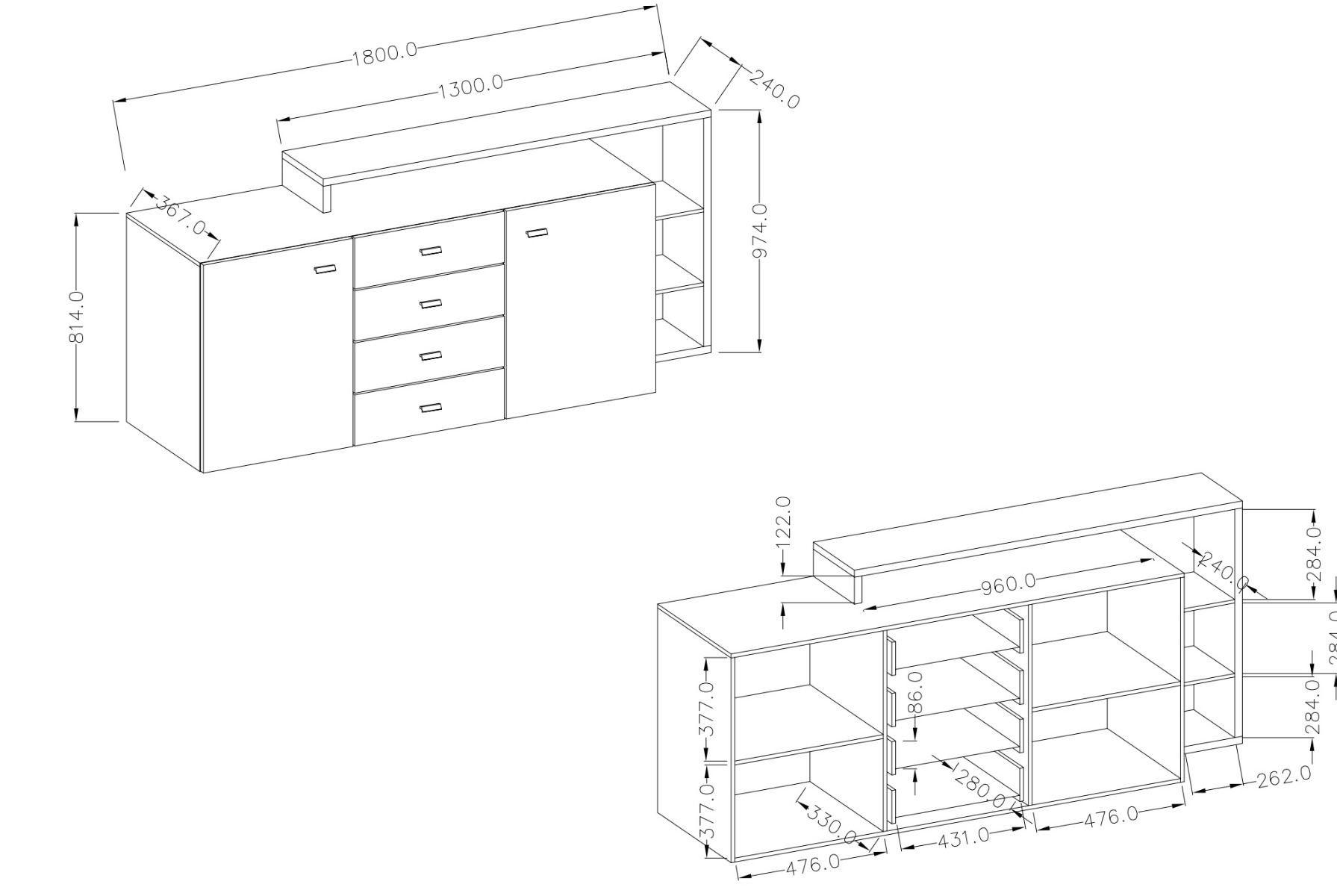Credenza L.180 cm 2 ante e 4 cassetti, finitura bianco opaco e grigio cemento 