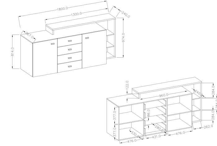 Madia soggiorno L.180 cm Bianco opaco e Rovere rustico