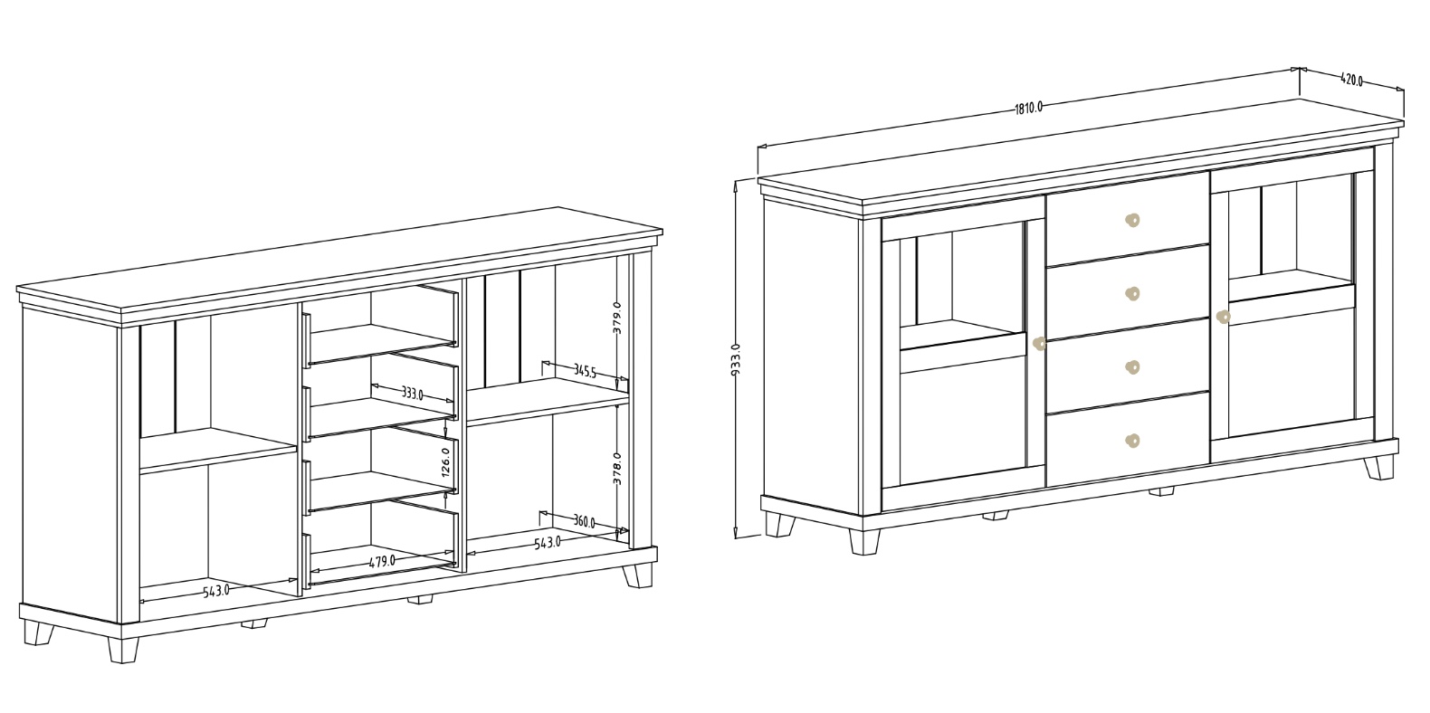 Madia elegante 2 ante e 4 cassetti, finitura bianco frassinato e rovere