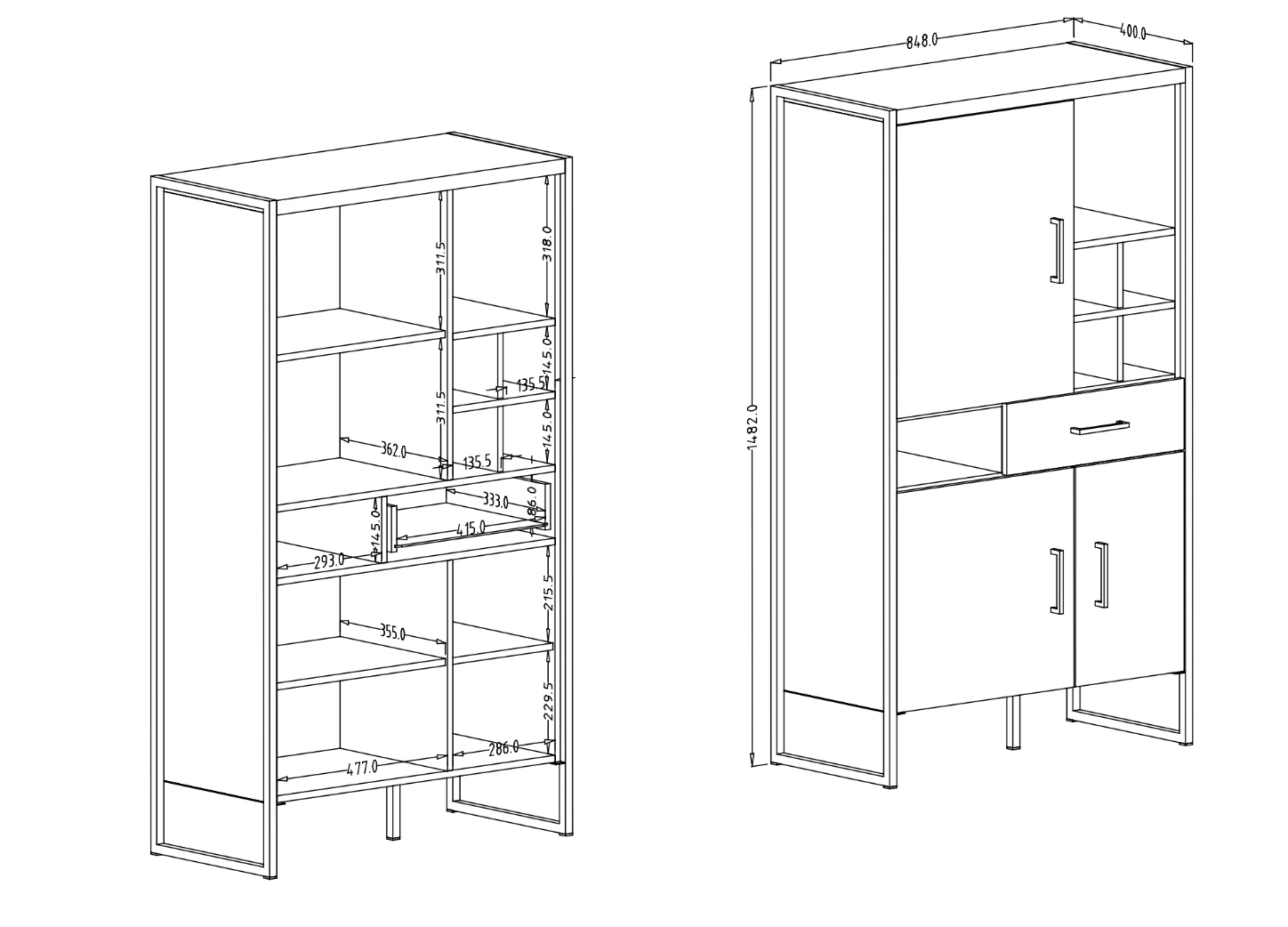 Credenza alta contenitore formata da 3 ante, 3 vani a giorno e 1 cassetto