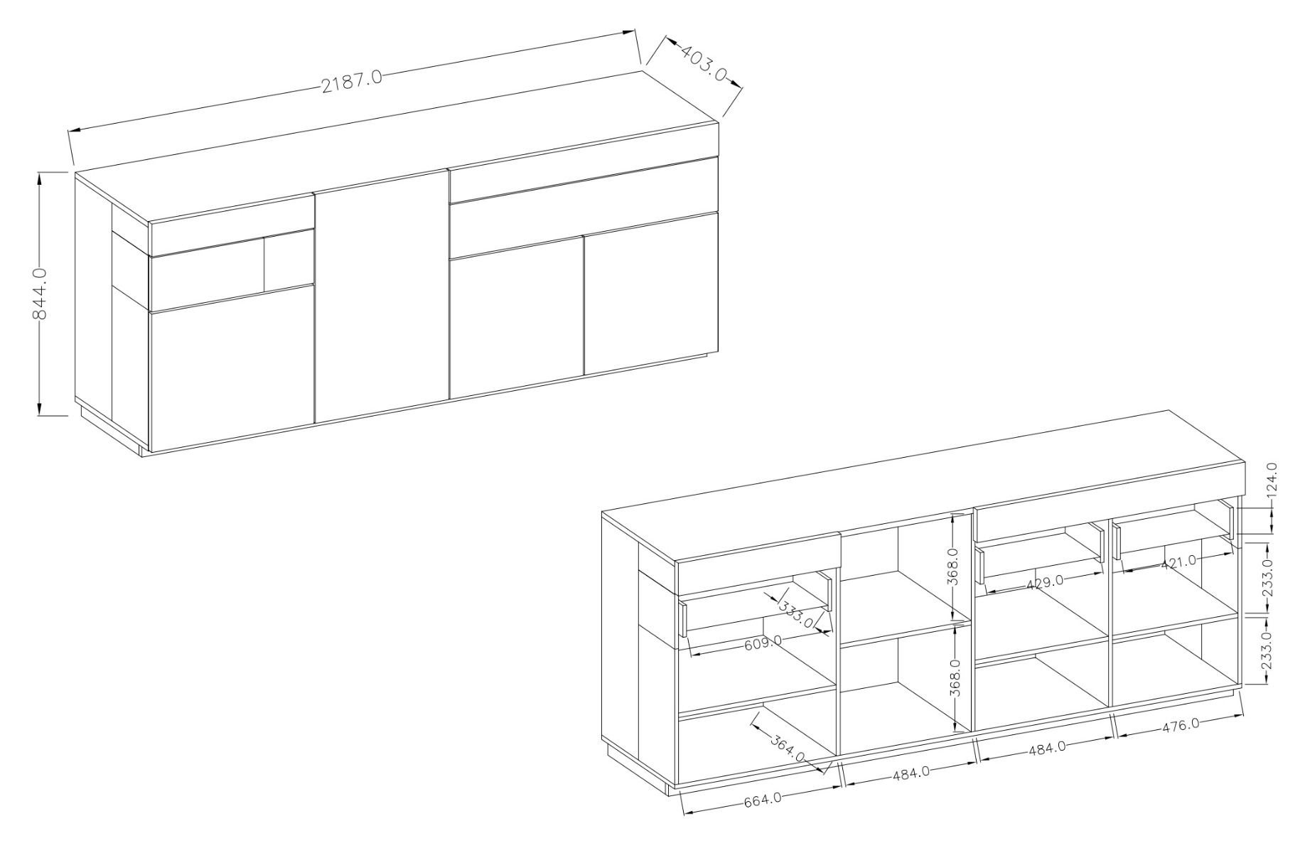 Madia salvaspazio composta da 4 ante e 2 cassetti, rovere naturale e bianco lucido 