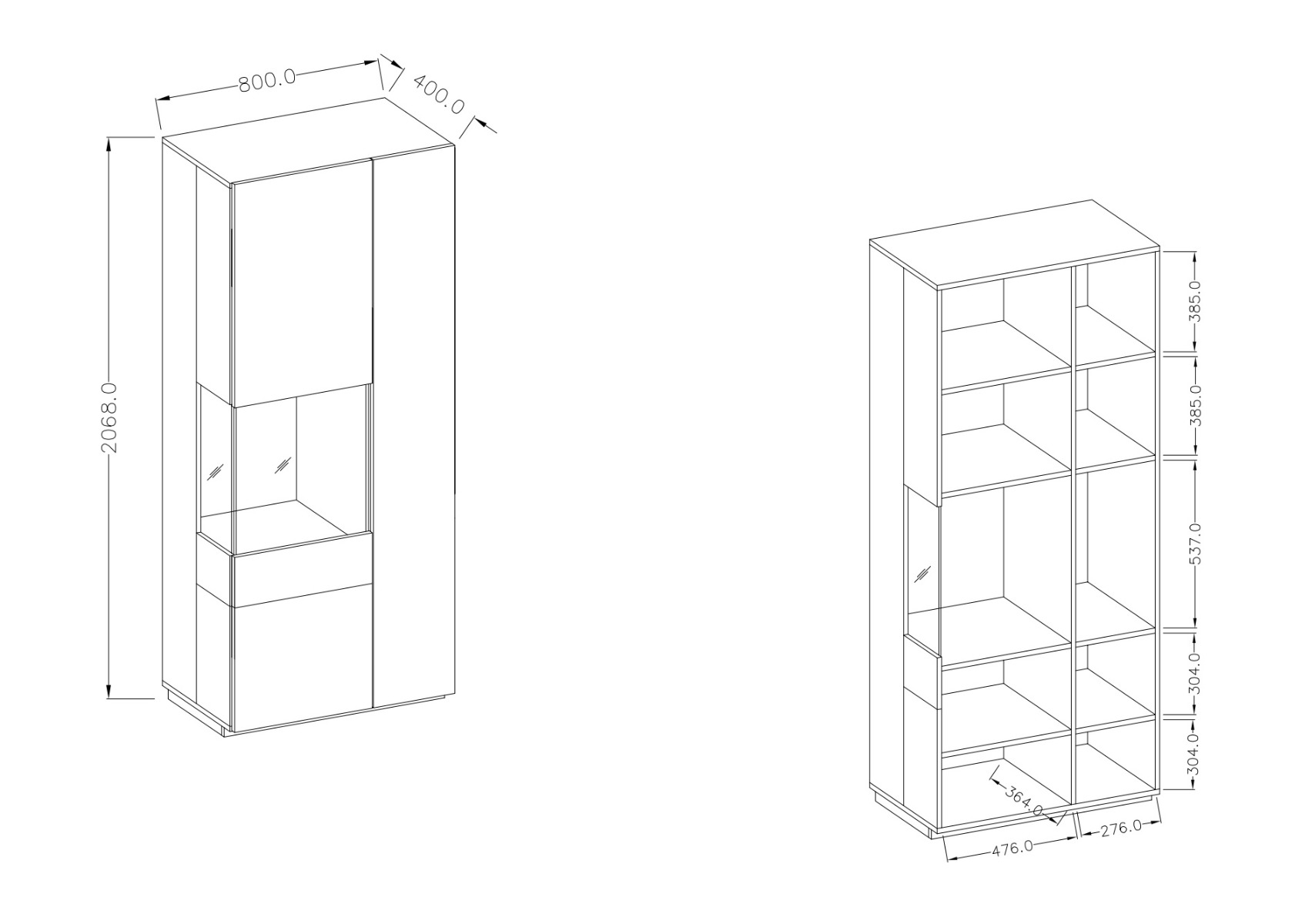Vetrina di design, colonna a 2 ante, antracite e rovere naturale