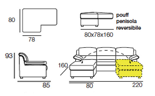 Divano Ginevra a 3 posti con penisola, tessuto Bianco