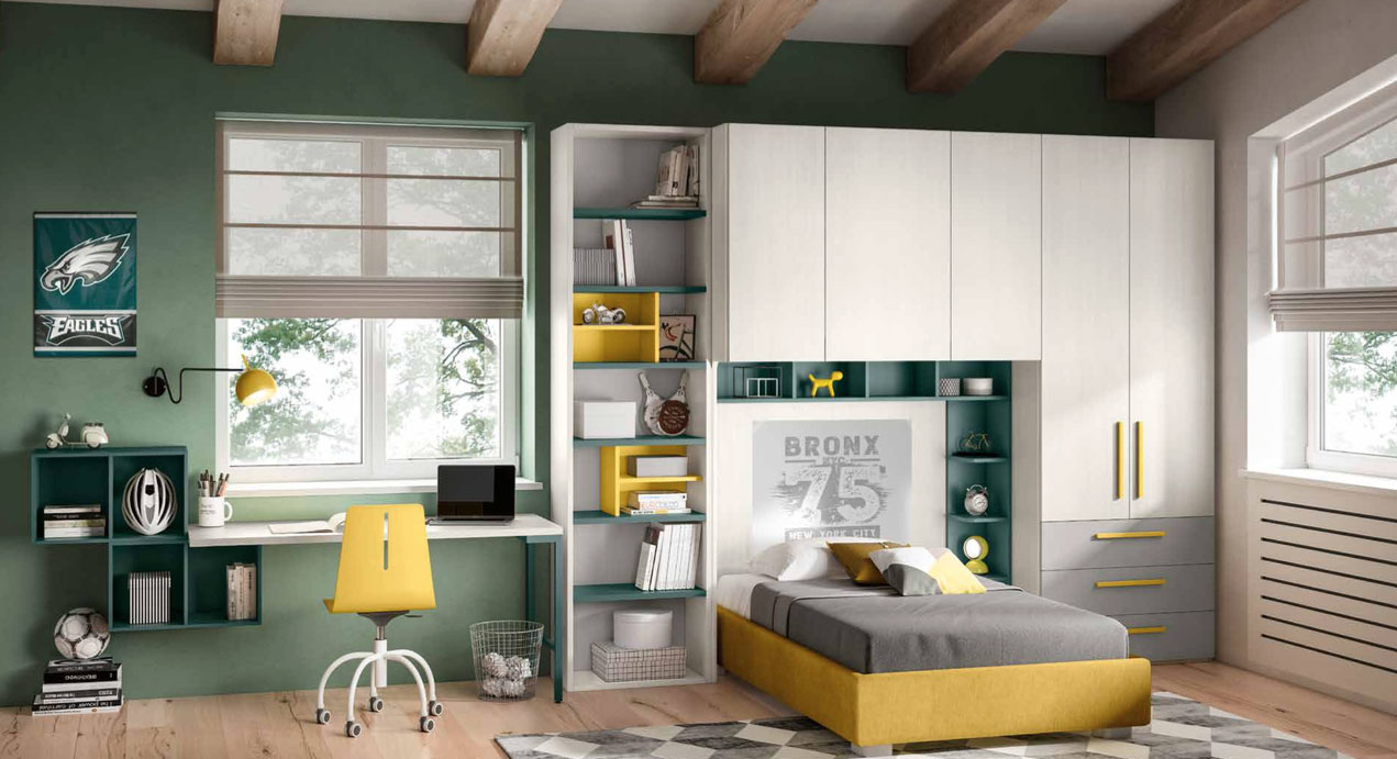 Armadio a ponte per camerette in finitura Bianco larice, Grigio seta, Giallo grano e Verde salvia