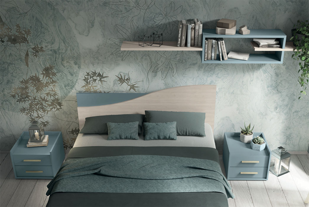 Letto matrimoniale Mare dettaglio sulla testata in finitura Noce brina e Rovere gesso