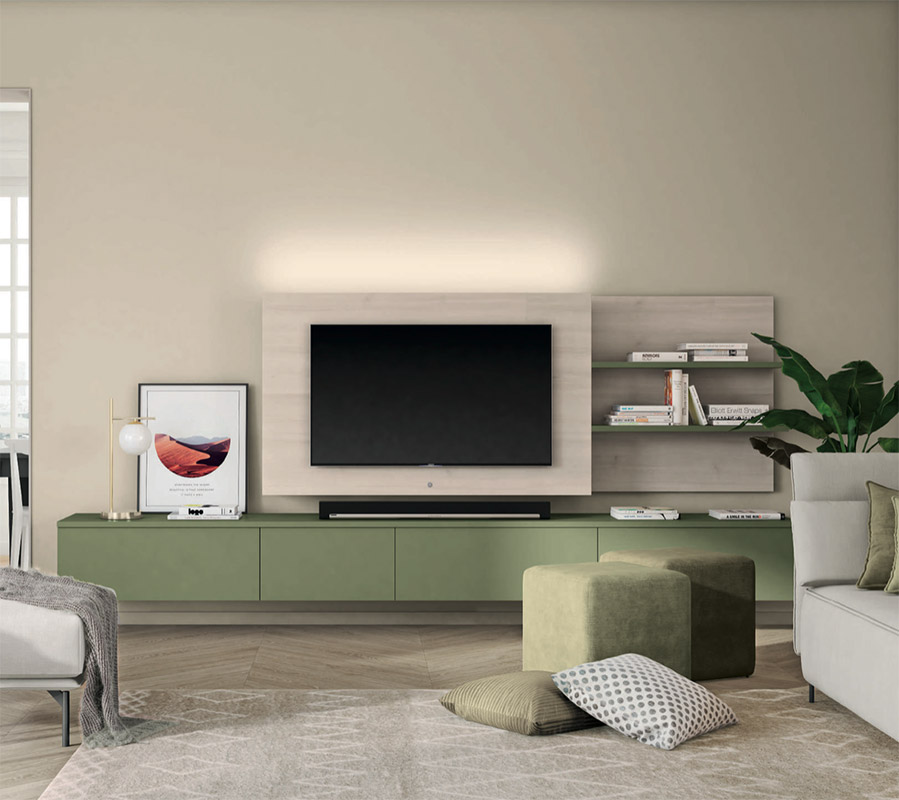 Parete attrezzata con pannelli attrezzati in finitura Noce brina e Oliva