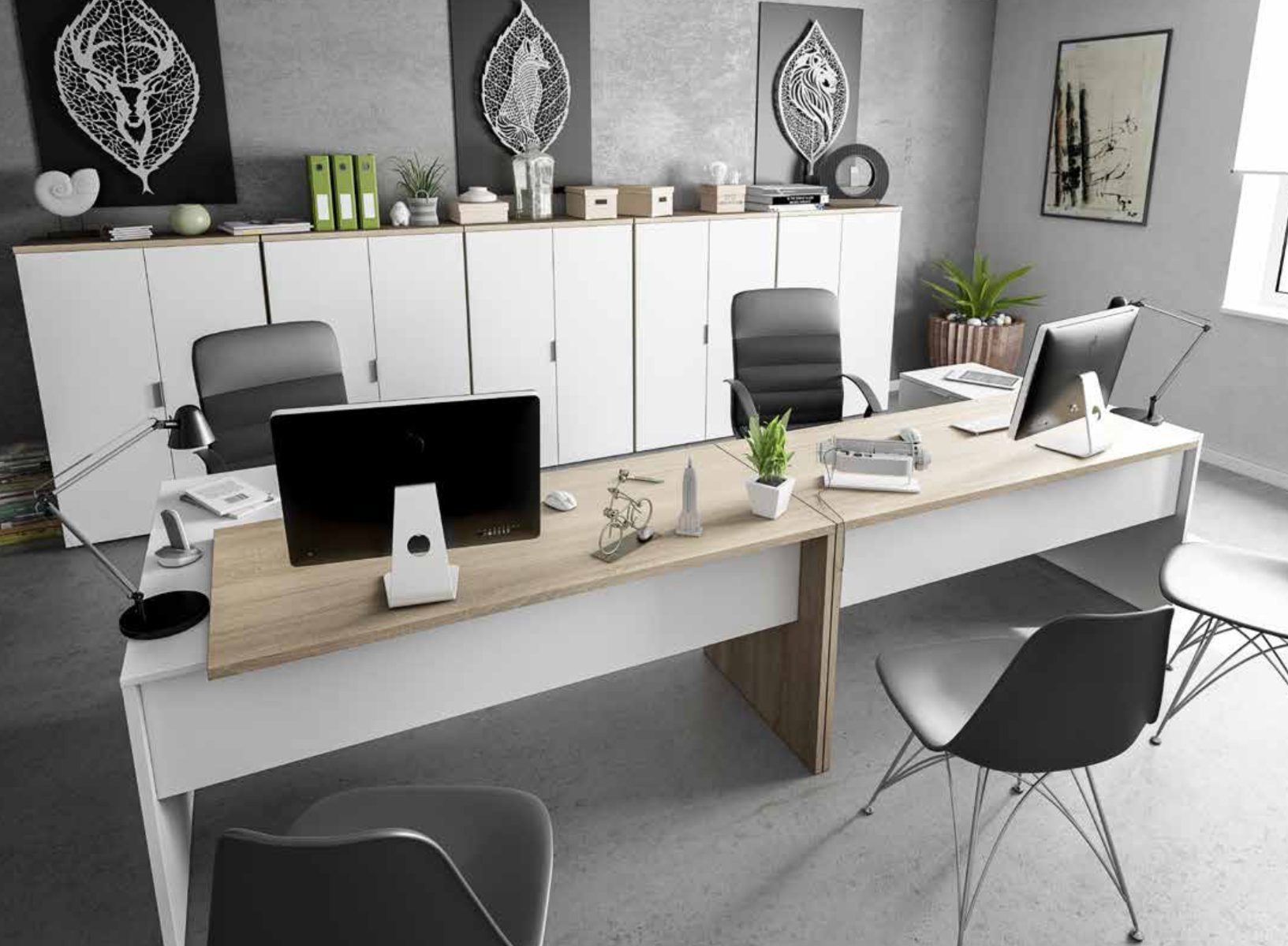 Mobile per ufficio, Madia 2 ante, 3 ripiani biancio artik e rovere canadian