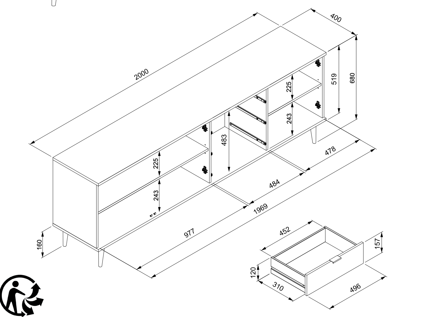 Madia in stile nordico in finitura Bianco e Quercia, 3 ante e 3 cassetti