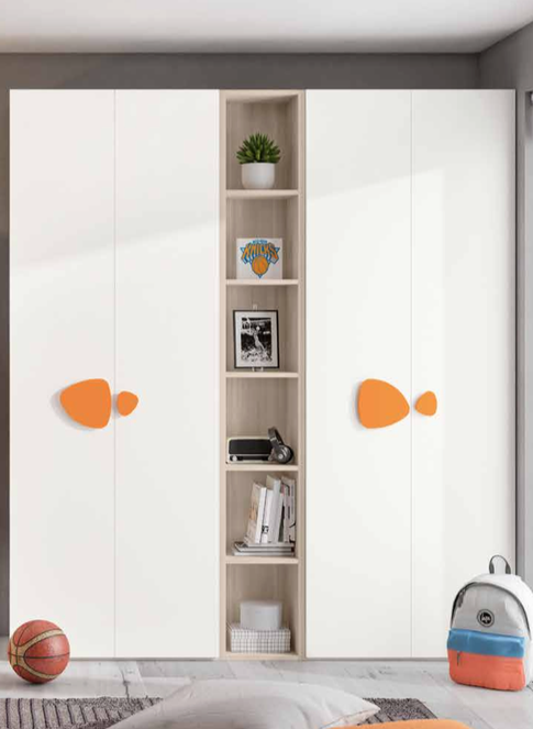 Armadi battenti con libreria 5 ripiani, finitura Bianco, Olmo natura e Arancio 