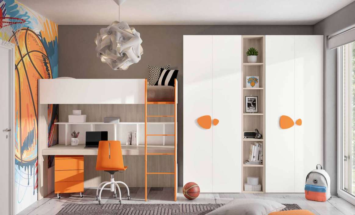 Armadi battenti con libreria 5 ripiani, finitura Bianco, Olmo natura e Arancio 