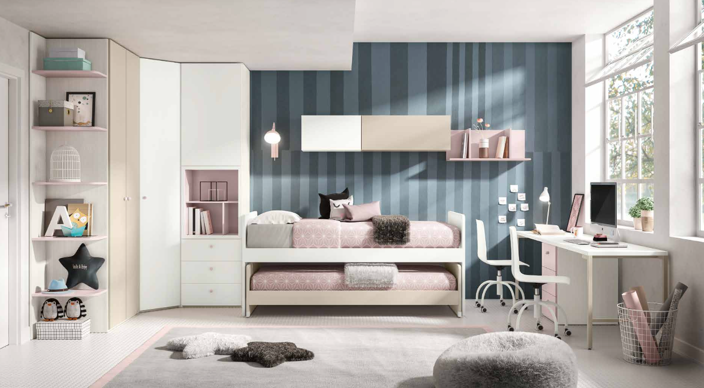 Scrivania doppia per camerette con piana Bianca e Cassettiera Rosa confetto Zenzero Shop